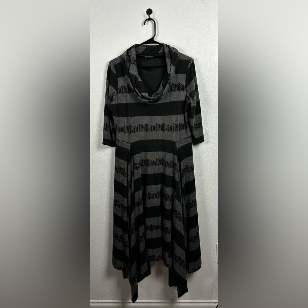 Signature Women’s Cato Black  Gray Cowl Neck Asymmetrical Dress Sz L 3/4 Sleeve